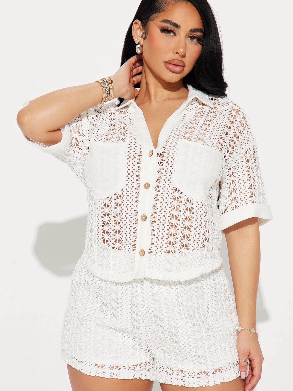 Fashion Nova White Crochet Button-Up Crop Top 2 Piece Set